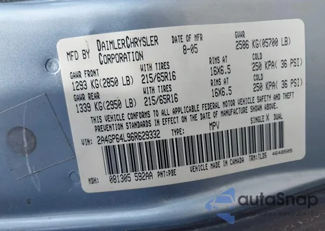 2006 Chrysler Town & Country Limited from USA, damaged, VIN 2A4GP64L96R629332